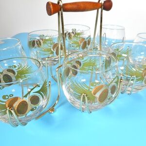 VTG 60s MGM Roly Poly Lowball Old Fashioned Glasses Gold Pinecone Clear w Caddy